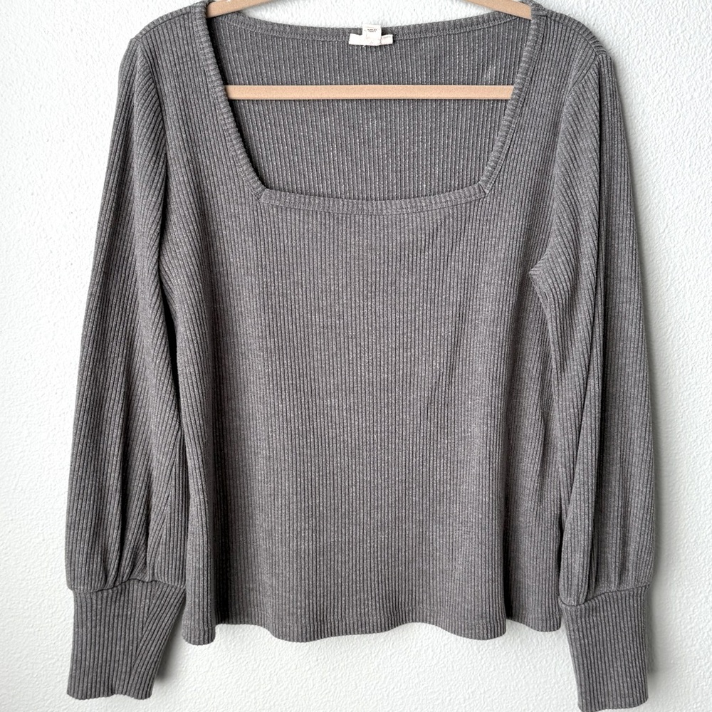 a.n.a Ribbed Square Neck Puff Sleeve Long Sleeve Top-Grey Women’s Size Large EUC - Picture 2 of 9